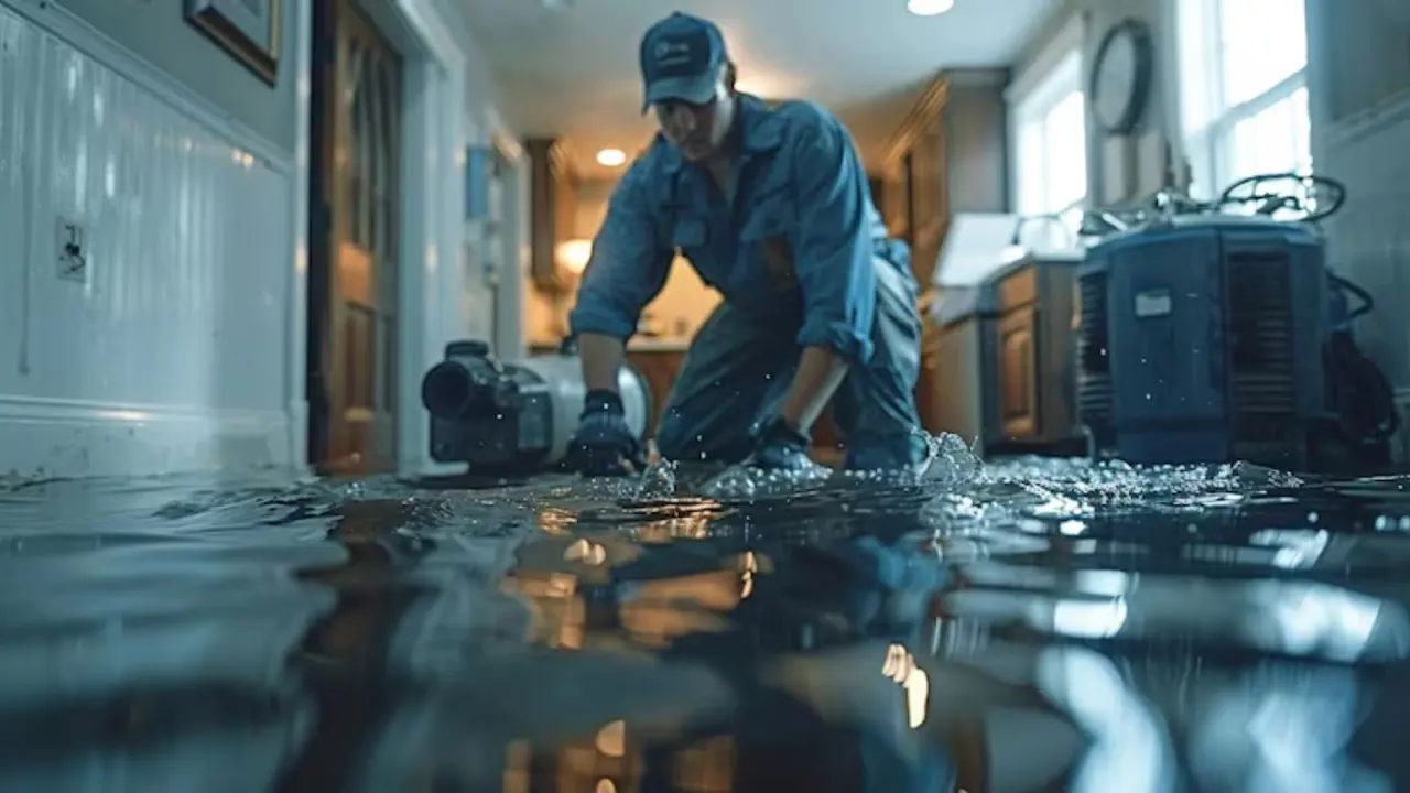 Technician kneeling in standing water next to a water pump and drying equipment inside a flooded home